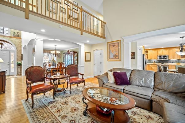 Chandelier, Dining room, Interior, Kitchen, Living room, Recessed Lighting, Stainless Steel Appliances, Wood Texture Flooring