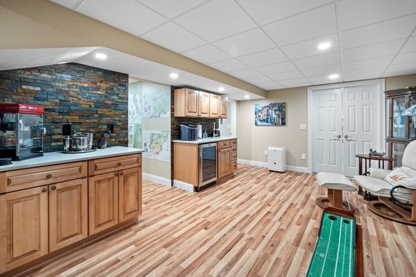 Interior, Kitchen, Recessed Lighting, Stone Walls, Wood Texture Flooring