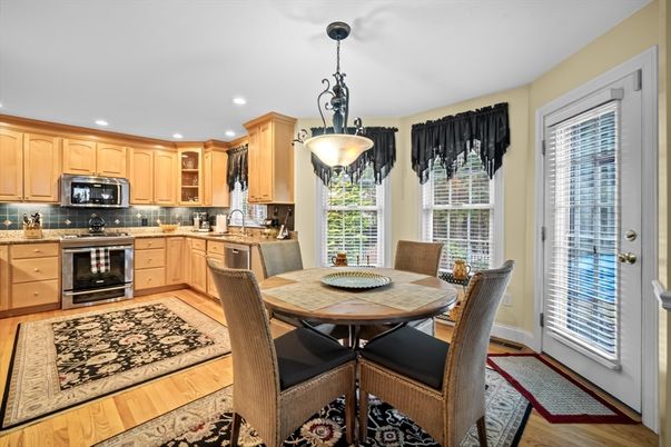 Dining room, Interior, Kitchen, Pendant Lights, Recessed Lighting, Stainless Steel Appliances, Wood Texture Flooring