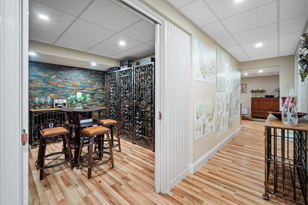 Dining room, Interior, Recessed Lighting, Wine Storage, Wood Texture Flooring