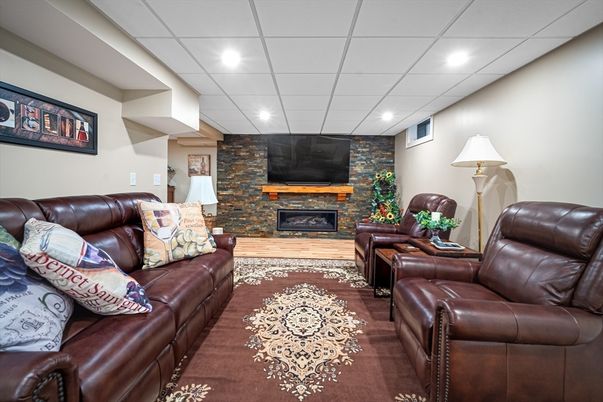 Fireplace, Interior, Living room, Recessed Lighting, Stone Walls