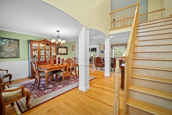 Chandelier, Dining room, Interior, Wood Texture Flooring