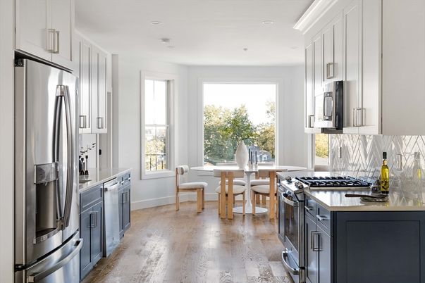 Dining room, Interior, Kitchen, Recessed Lighting, Stainless Steel Appliances, Wood Texture Flooring