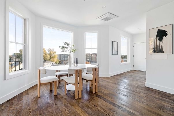Dining room, Interior, Recessed Lighting, Wood Texture Flooring