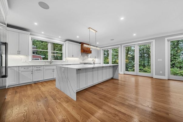 Interior, Kitchen, Marble Walls, Pendant Lights, Recessed Lighting, Wood Texture Flooring