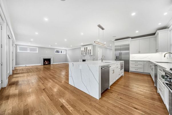 Fireplace, Interior, Kitchen, Pendant Lights, Recessed Lighting, Stainless Steel Appliances, Wood Texture Flooring
