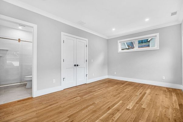 Bathroom, Empty room, Glass Shower, Interior, Recessed Lighting, Wood Texture Flooring