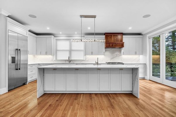 Interior, Kitchen, Marble Walls, Pendant Lights, Recessed Lighting, Wood Texture Flooring