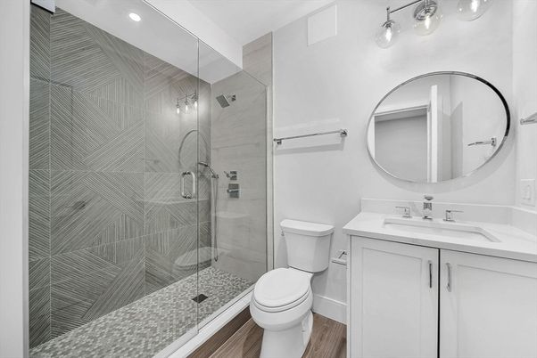 Bathroom, Glass Shower, Interior, Recessed Lighting, Wood Texture Flooring