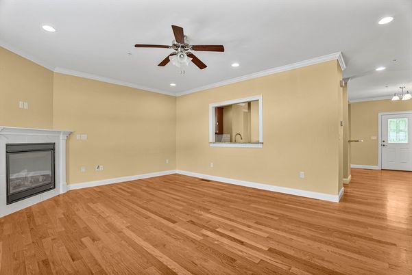 Empty room, Fireplace, Interior, Recessed Lighting, Wood Texture Flooring
