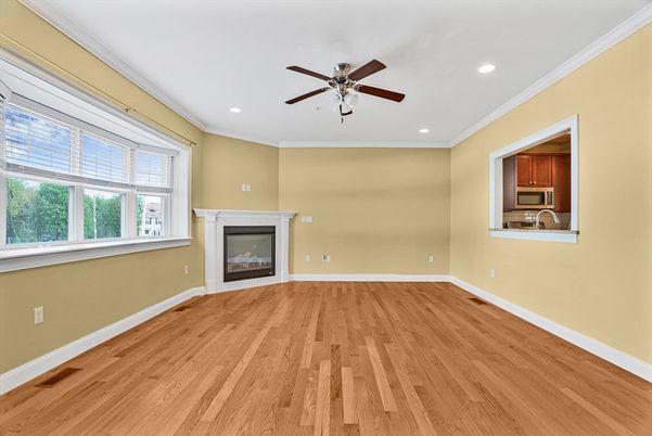 Empty room, Fireplace, Interior, Recessed Lighting, Wood Texture Flooring