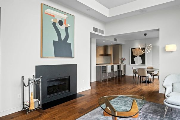 Dining room, Fireplace, Interior, Kitchen, Pendant Lights, Recessed Lighting, Wood Texture Flooring