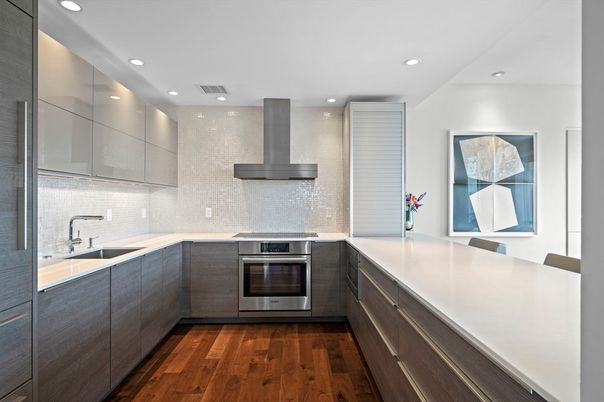 Interior, Kitchen, Recessed Lighting, Stainless Steel Appliances, Wood Texture Flooring