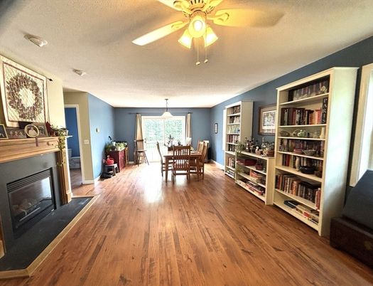 Dining room, Fireplace, Interior, Wood Texture Flooring