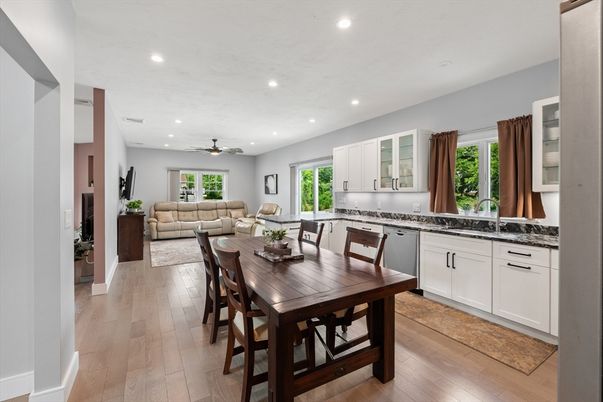 Dining room, Interior, Kitchen, Living room, Recessed Lighting, Wood Texture Flooring