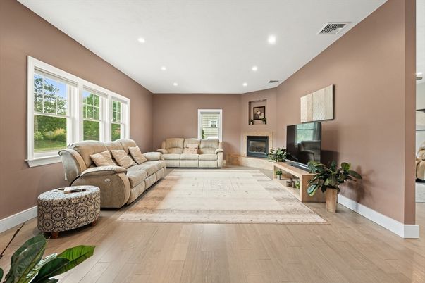 Fireplace, Interior, Living room, Recessed Lighting, Wood Texture Flooring