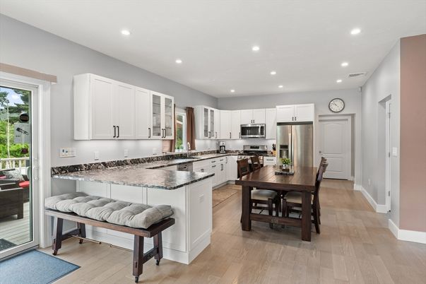 Dining room, Interior, Kitchen, Recessed Lighting, Stainless Steel Appliances, Wood Texture Flooring