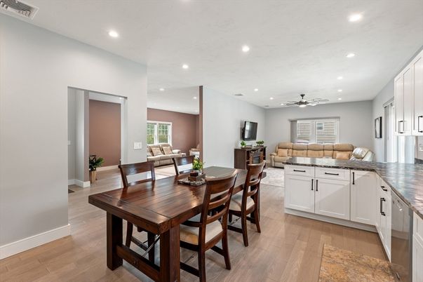 Dining room, Interior, Living room, Recessed Lighting, Wood Texture Flooring