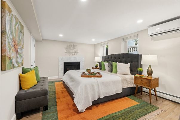 Bedroom, Fireplace, Interior, Recessed Lighting, Wood Texture Flooring