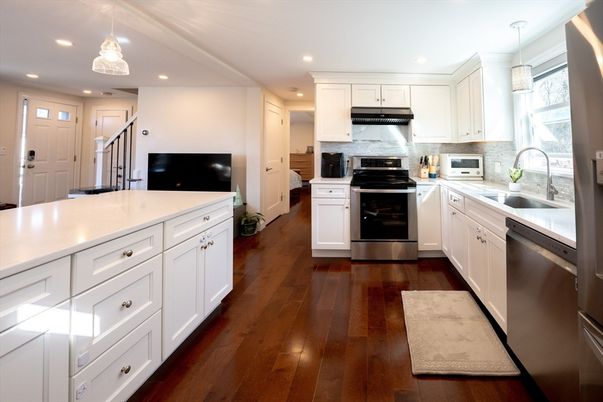 Interior, Kitchen, Pendant Lights, Recessed Lighting, Stainless Steel Appliances, Wood Texture Flooring