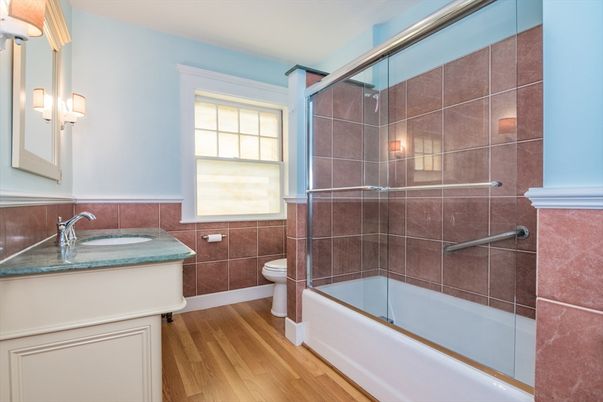 Bathroom, Glass Shower, Interior, Wood Texture Flooring