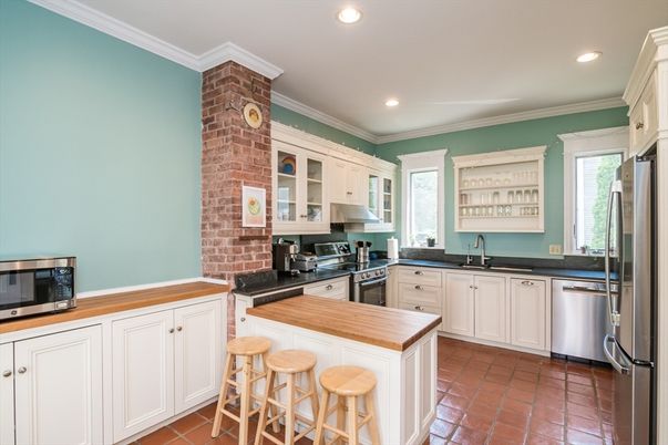 Interior, Kitchen, Recessed Lighting, Stainless Steel Appliances, Stone Walls