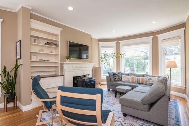 Fireplace, Interior, Living room, Recessed Lighting, Wood Texture Flooring