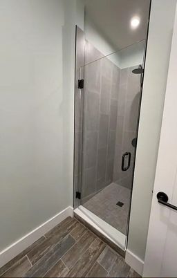 Bathroom, Glass Shower, Interior, Recessed Lighting, Wood Texture Flooring