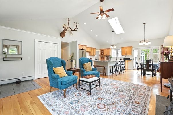Chandelier, Dining room, Interior, Kitchen, Living room, Pendant Lights, Recessed Lighting, Wood Texture Flooring