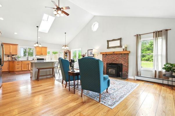 Dining room, Fireplace, Interior, Kitchen, Pendant Lights, Recessed Lighting, Wood Texture Flooring