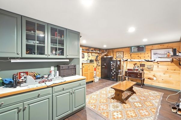 Interior, Kitchen, Recessed Lighting, Wood Texture Flooring, Wooden Walls