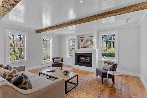 Fireplace, Interior, Living room, Recessed Lighting, Wooden Beams, Wood Texture Flooring