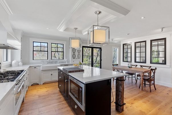 Dining room, Interior, Kitchen, Pendant Lights, Recessed Lighting, Wood Texture Flooring