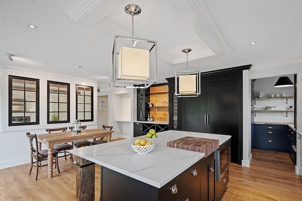 Dining room, Interior, Kitchen, Pendant Lights, Recessed Lighting, Wood Texture Flooring