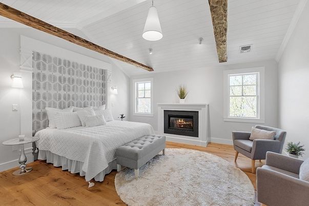 Bedroom, Fireplace, Interior, Pendant Lights, Wood Texture Flooring