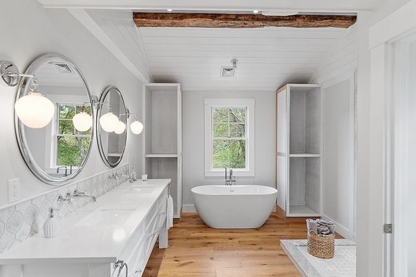 Bathroom, Dual Sink Vanities, Free Standing Baths, Interior, Wood Texture Flooring