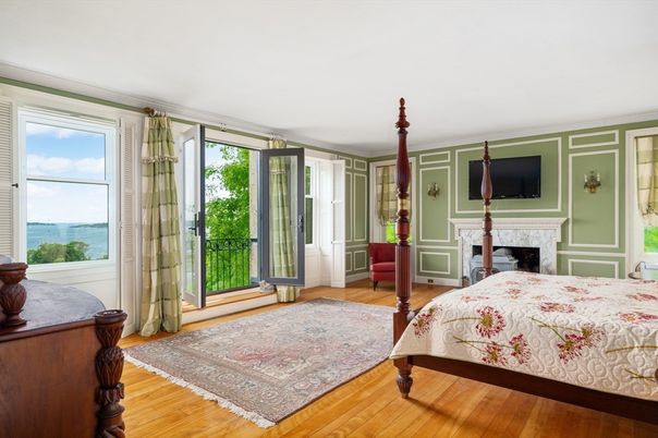 Bedroom, Fireplace, Interior, Water, Wood Texture Flooring