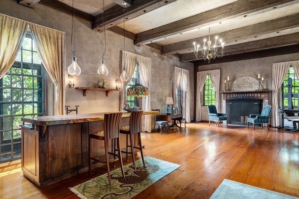 Chandelier, Fireplace, Interior, Pendant Lights, Wooden Beams, Wood Texture Flooring