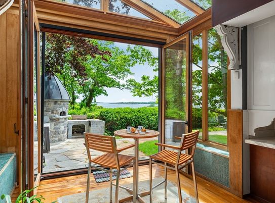 Fireplace, Interior, Sun Room, Water, Wood Texture Flooring