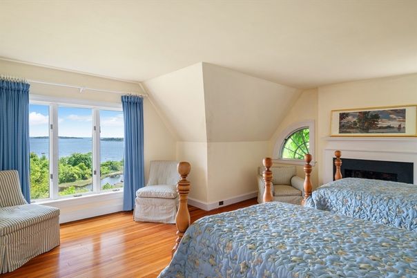 Bedroom, Fireplace, Interior, Water, Wood Texture Flooring