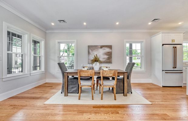 Dining room, Interior, Recessed Lighting, Wood Texture Flooring