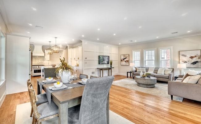 Chandelier, Dining room, Interior, Kitchen, Living room, Recessed Lighting, Stainless Steel Appliances, Wood Texture Flooring