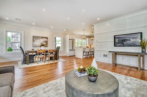 Dining room, Interior, Kitchen, Pendant Lights, Recessed Lighting, Wood Texture Flooring