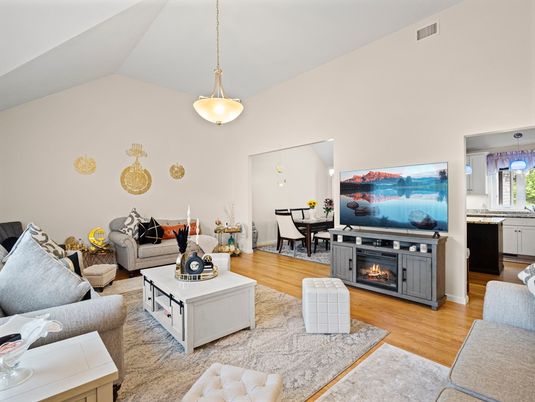 Dining room, Fireplace, Interior, Living room, Pendant Lights, Wood Texture Flooring