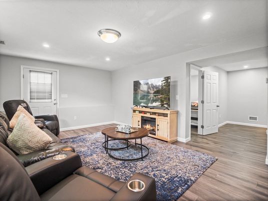 Fireplace, Interior, Living room, Recessed Lighting, Wood Texture Flooring