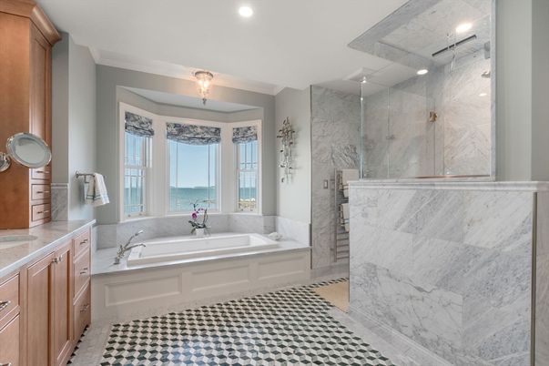 Bathroom, Glass Shower, Interior, Marble Walls, Recessed Lighting, Water