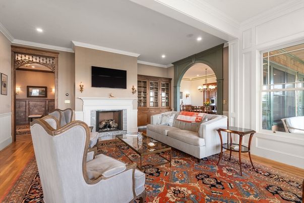 Chandelier, Fireplace, Interior, Living room, Recessed Lighting, Wood Texture Flooring