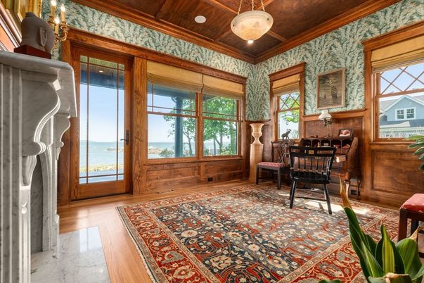 Home Office, Interior, Marble, Pendant Lights, Recessed Lighting, Water, Wooden Beams, Wooden Ceilings, Wood Texture Flooring, Wooden Walls