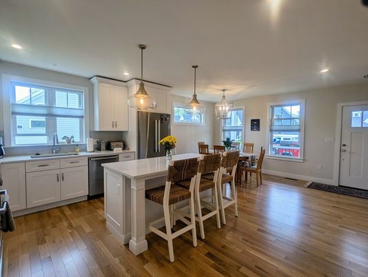 Dining room, Interior, Kitchen, Pendant Lights, Recessed Lighting, Stainless Steel Appliances, Wood Texture Flooring