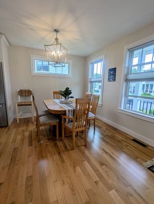 Chandelier, Dining room, Interior, Pendant Lights, Wood Texture Flooring